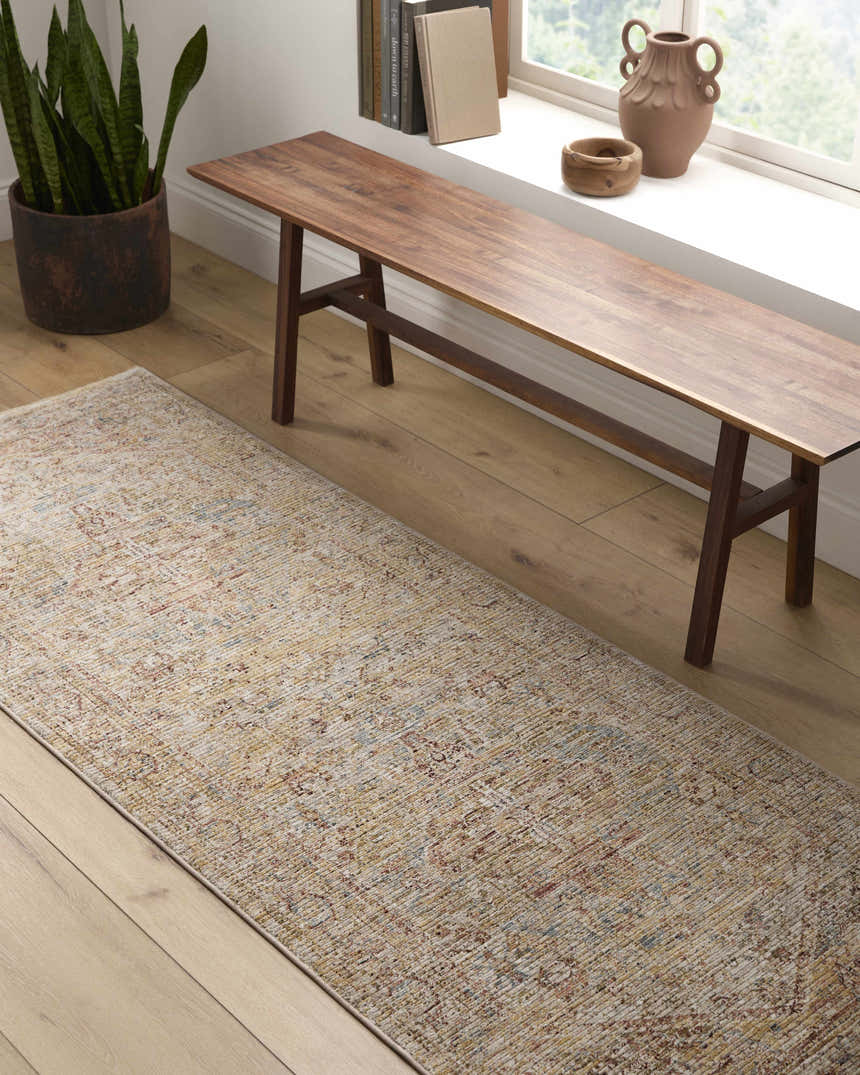 Hallway scene with Alois Rust Rich Textured Traditional Rug, wood bench, and potted snake plant. Roomscene-Runner