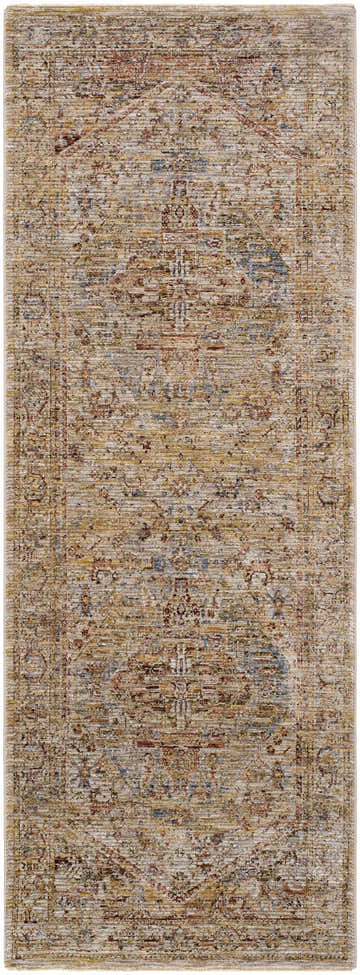 Close-up of Alois Rust Rich Textured Traditional Rug. Farmhouse style rug with bone, brown, beige, and blue tones. Design-Runner-2710