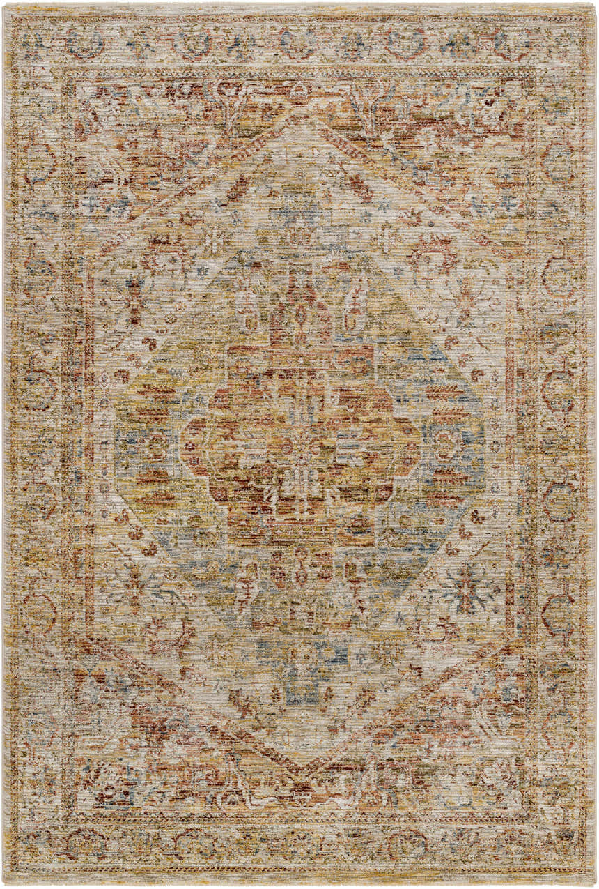 Close-up of the Alois Rust Rich Textured Traditional Rug, featuring bone, brown, and beige tones with a classic pattern. Design-Rectangle-575