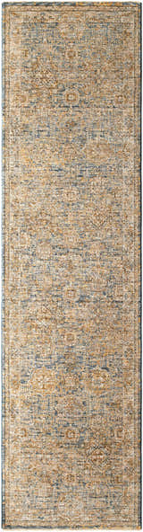 Close-up of the Ange Cream & Blue Rich Textured Rug, showing its bone, taupe, and blue farmhouse design. Design-Runner-2710