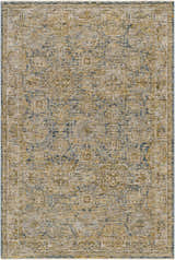 Close-up of the Ange Cream & Blue Rich Textured Rug, showcasing its traditional pattern, bone, gold, and blue colors. Design-Rectangle-575