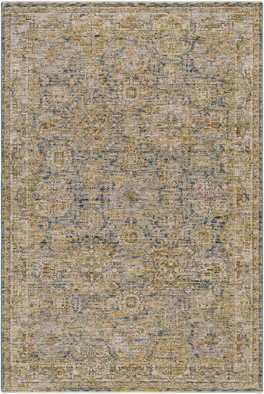 Close-up of the Ange Cream & Blue Rich Textured Rug, showcasing its traditional pattern, bone, gold, and blue colors. Design-Rectangle-575