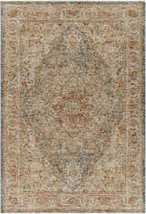 Close-up of the Cress Tan Rich Textured Traditional Rug, showcasing its bone, blue, gold, and garnet colors and farmhouse style. Design-Rectangle-575