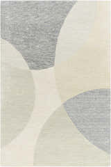 Close-up of the Cassiopeia Gray & Beige Area Rug, a hand-tufted wool rug with a contemporary geometric pattern. Design-Rectangle-576