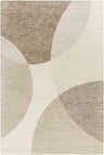 Close-up of the Cassiopeia Dark Brown & Beige Area Rug featuring a contemporary geometric pattern in ash, pearl, sage, and taupe. Design-Rectangle-576