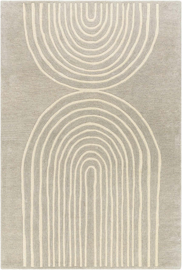 Close-up of the Fuat Medium Gray Area Rug. Beige arches on a textured, hand-tufted, light gray wool rug. Contemporary style. Design-Rectangle