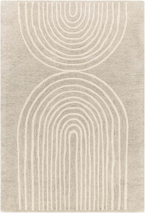 Close-up of the Fuat Tan Area Rug. Beige wool rug with a contemporary, hand-tufted, arched line pattern. Design-Rectangle-576