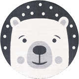 Round Kids Bear Animal Print Nursery Area Rug with bone bear face and dark gray background with white dots. Design-Round-710
