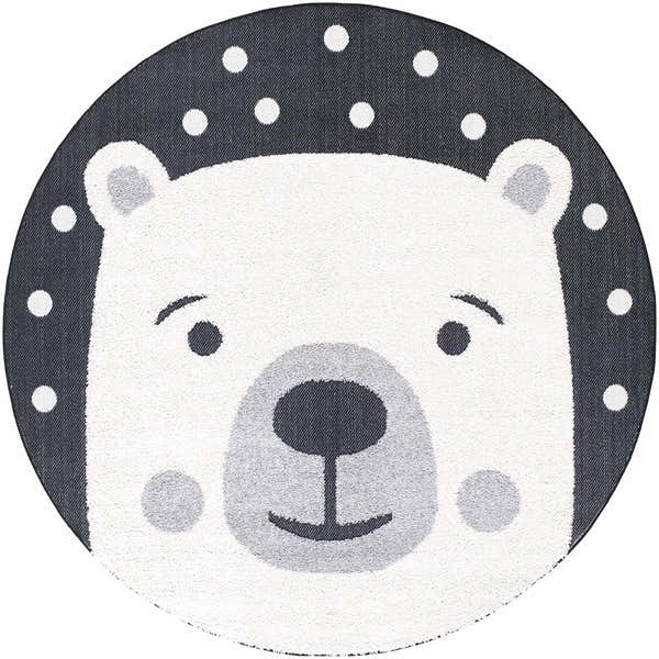 Round Kids Bear Animal Print Nursery Area Rug with bone bear face and dark gray background with white dots. Design-Round-710