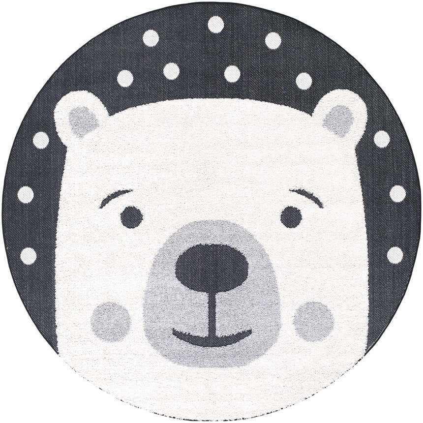 Round Kids Bear Animal Print Nursery Area Rug with bone bear face and dark gray background with white dots. Design-Round-710