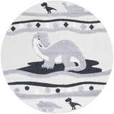 Close-up of a round Kids Dinosaur Animal Print Nursery Area Rug with bone, dark gray, and nutmeg colors. Design-Round-710