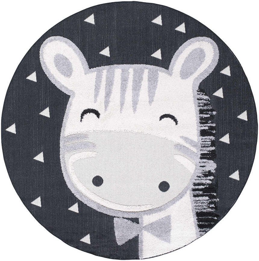 Round Kids Giraffe Bowtie Animal Print Nursery Area Rug in bone, gray, and black with triangle accents. Design-Round-710