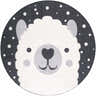 Close-up of Kids Llama Animal Print Nursery Area Rug. Round rug with a cute llama face and bone, dark beige, and nutmeg colors. Design-Round-710