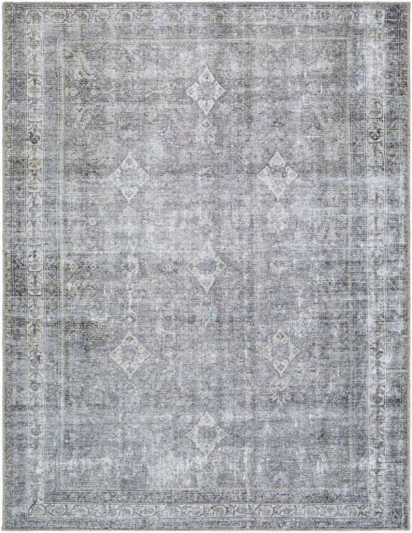 Close-up of a Kelda Washable Area Rug. Machine woven polyester rug in gray, white, and blue with a vintage Persian pattern. Design-Rectangle-537