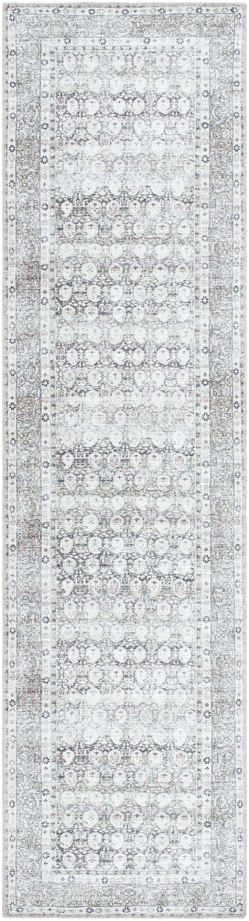 Close-up of the Mabyn Area Rug. Machine-woven polyester runner rug with a distressed geometric pattern in gray and ivory. Design-Runner-2710