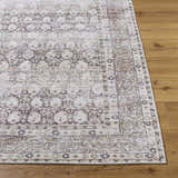 Close-up of the Mabyn Area Rug showing its vintage-inspired design, soft neutral colors, and subtle distressed texture. Front
