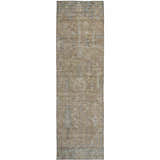 Close-up of a tan washable Dalyn Luxury Solace SL11 runner rug with a traditional beige, ivory, and silver gray pattern.