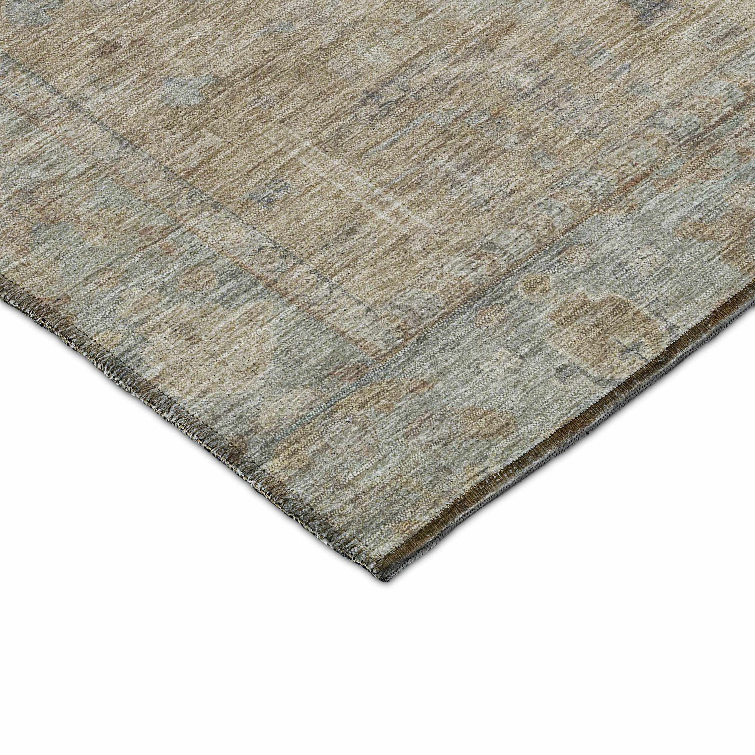Close-up of the tan Dalyn Luxury Solace SL11 rug. Farmhouse style with beige, ivory, and gray tones. Washable, non-skid.