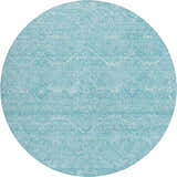 Close-up of round Dalyn Luxury Solace SL12 Sky rug. Sky blue rug with a subtle, light pattern. Washable, non-skid polyester.