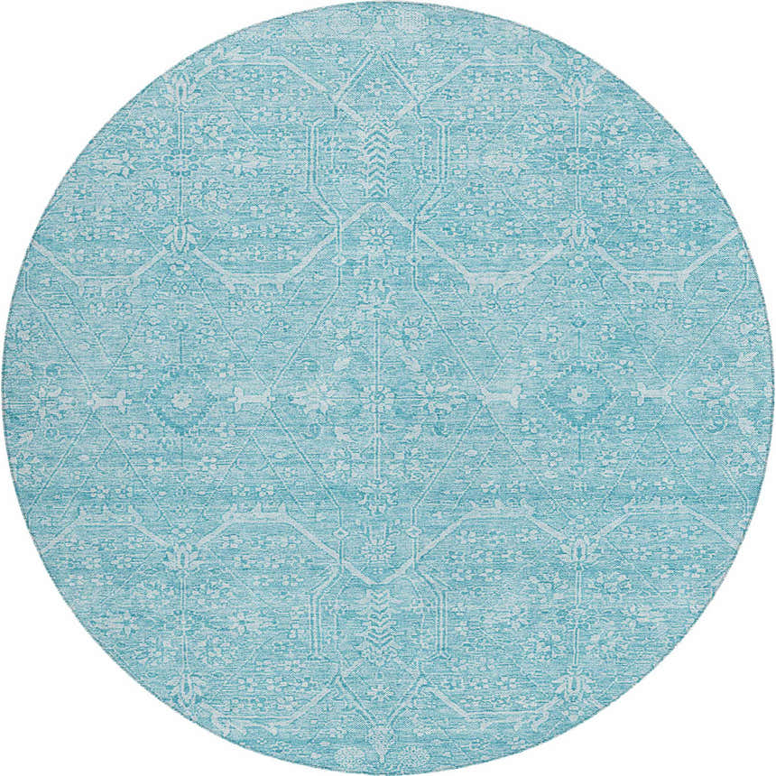 Close-up of round Dalyn Luxury Solace SL12 Sky rug. Sky blue rug with a subtle, light pattern. Washable, non-skid polyester.