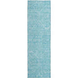 Close-up of the Dalyn Luxury Solace SL12 Sky Washable Area Rug. The runner features a sky blue and white farmhouse pattern.