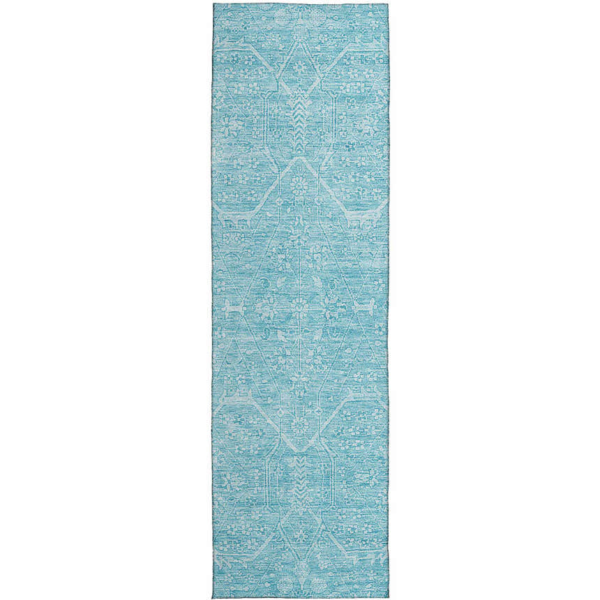 Close-up of the Dalyn Luxury Solace SL12 Sky Washable Area Rug. The runner features a sky blue and white farmhouse pattern.