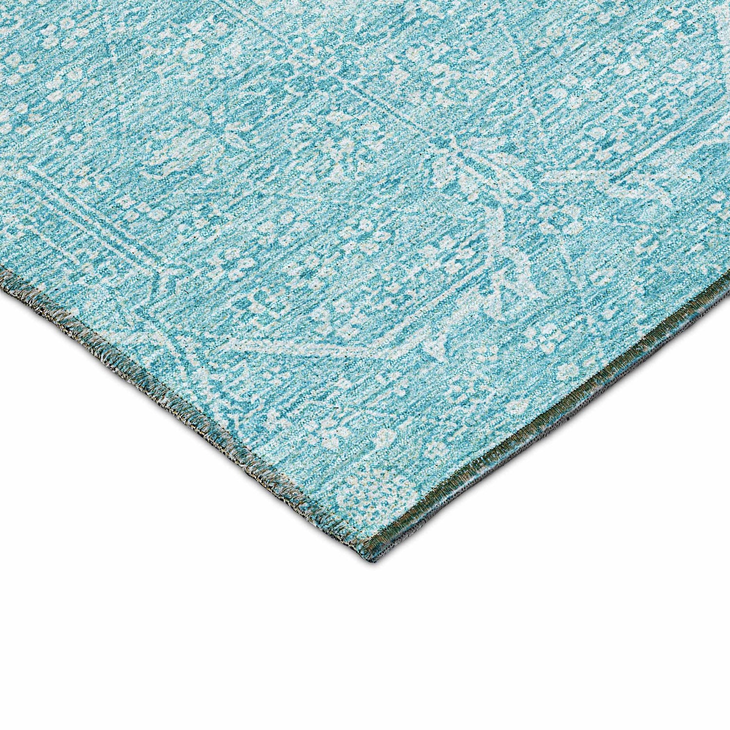 Close-up of Dalyn Luxury Solace SL12 Sky Washable Area Rug. Sky blue rug with a faded, traditional pattern.