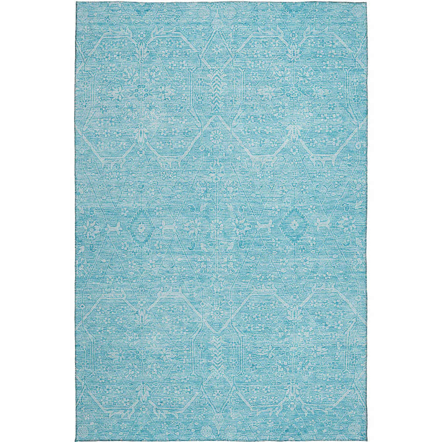 Close-up of the Dalyn Luxury Solace SL12 Sky Washable Area Rug, featuring a light blue, geometric, farmhouse-style pattern.