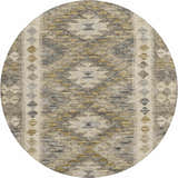 Close-up of a round Dalyn Luxury Solace SL13 Beige Washable Area Rug with a farmhouse-style geometric pattern. Beige, chestnut, ivory, and taupe colors.