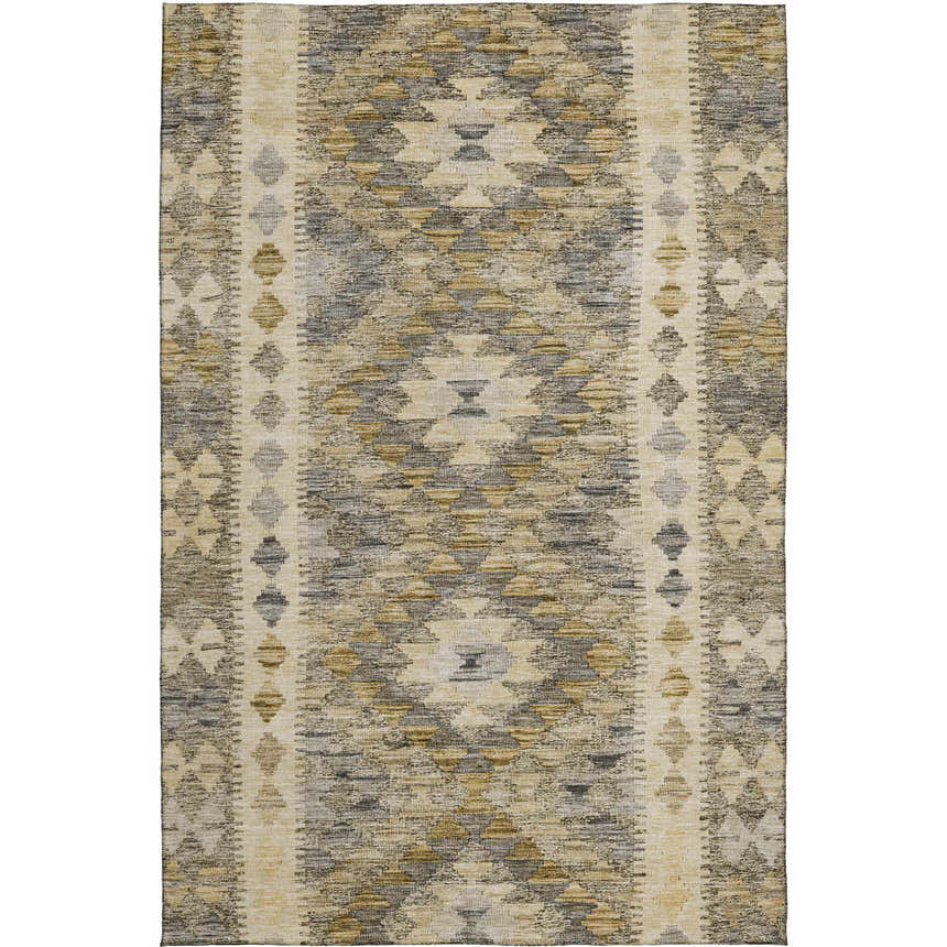 Close-up of Dalyn Luxury Solace SL13 Beige Washable Area Rug. Farmhouse style rug with beige, ivory, and taupe diamond pattern.