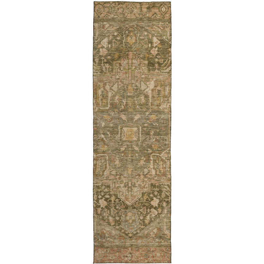 Dalyn Luxury Solace SL14 Fern Washable Area Rug runner with a traditional beige and green floral pattern.