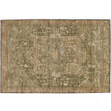 Close-up of Dalyn Luxury Solace SL14 Fern Washable Area Rug. Beige and green traditional rug with a distressed farmhouse design.