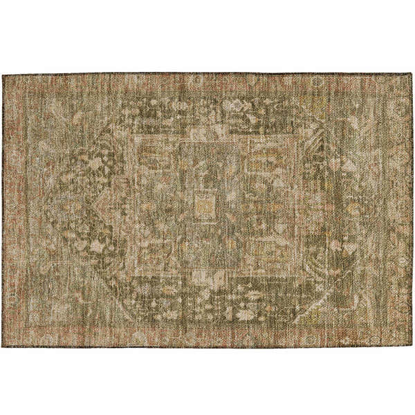 Close-up of Dalyn Luxury Solace SL14 Fern Washable Area Rug. Beige and green traditional rug with a distressed farmhouse design.