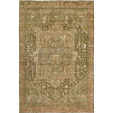 Close-up of Dalyn Luxury Solace SL14 Fern Washable Area Rug. Beige and green traditional farmhouse style rug.