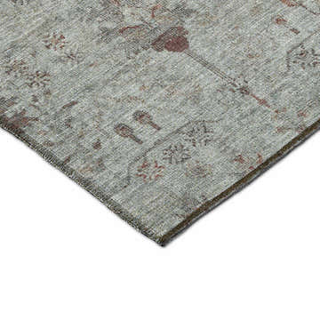 Close-up of Dalyn Luxury Solace SL4 Gray Washable Area Rug, showing farmhouse style pattern in paprika, silver gray, and taupe.