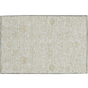 Close-up of Dalyn Luxury Solace SL8 Ivory Washable Area Rug. Beige and chestnut floral pattern. Farmhouse style.