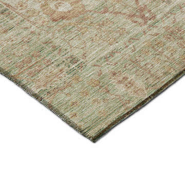 Close-up of the beige, brown, and gray Dalyn Luxury Solace SL9 washable rug with a traditional farmhouse design.