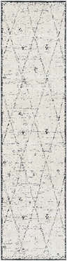 Close-up of the Dilay Area Rug, a geometric runner in dark gray, nickel, off white, smoke, and taupe. Design-Runner-2710