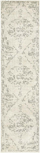 Close-up of the Tait Area Rug in bone and cloud gray, showcasing its traditional, farmhouse-style pattern and machine-woven texture. Design-Runner-2710
