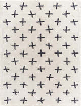 Close-up of Bede Washable Area Rug - Clearance. Beige shag rug with a charcoal plus sign geometric pattern. Design-Rectangle-710106