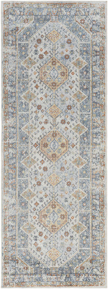 Close-up of the Afya Boutique Washable Rug. Features a Southwestern-inspired geometric pattern in beige, blue, and rust tones. Design-Runner-2710