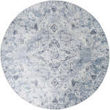 Round Ankti Blue Washable Area Rug with a traditional, faded medallion pattern in aqua, blue, charcoal, and off-white. Design-Round-67