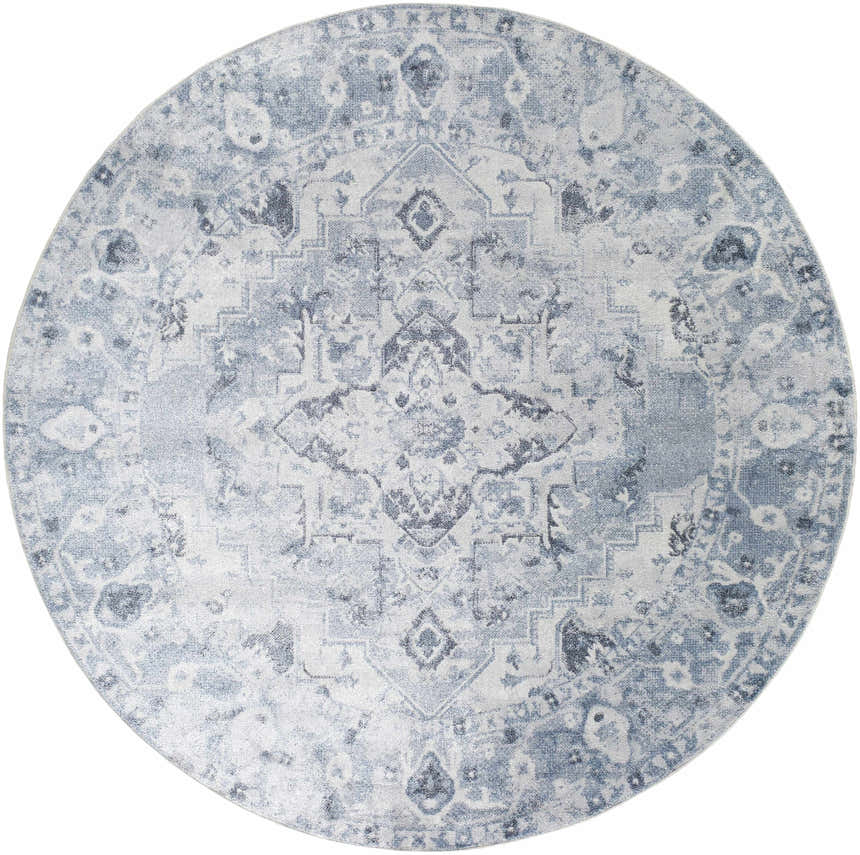Round Ankti Blue Washable Area Rug with a traditional, faded medallion pattern in aqua, blue, charcoal, and off-white. Design-Round-67