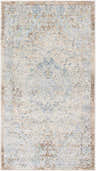 Close-up of the Aurum Blue Washable Area Rug, featuring a traditional beige, blue, and light brown distressed pattern. Design-Rectangle-2339