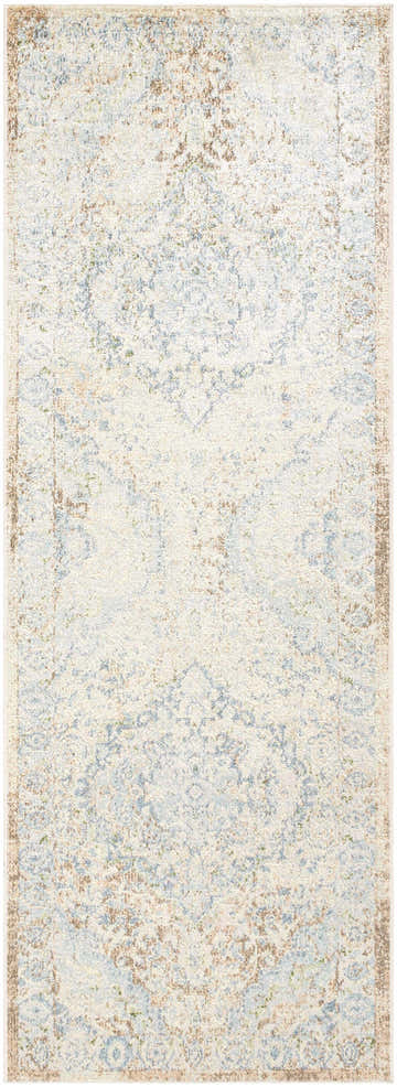 Close-up of Aurum Blue Washable Area Rug, a traditional rug with beige, blue, and light brown distressed pattern. Design-Runner-2773