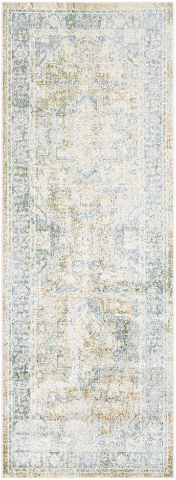 Close-up of the Ember Washable Area Rug. Features a traditional pattern in blue, green, and sage. Design-Runner-2773