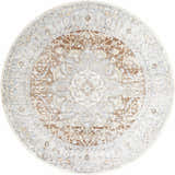 Close-up of a round Emke Flat Pile Washable Rug. Bone, beige, gray, and brown traditional floral pattern. Design-Round-67