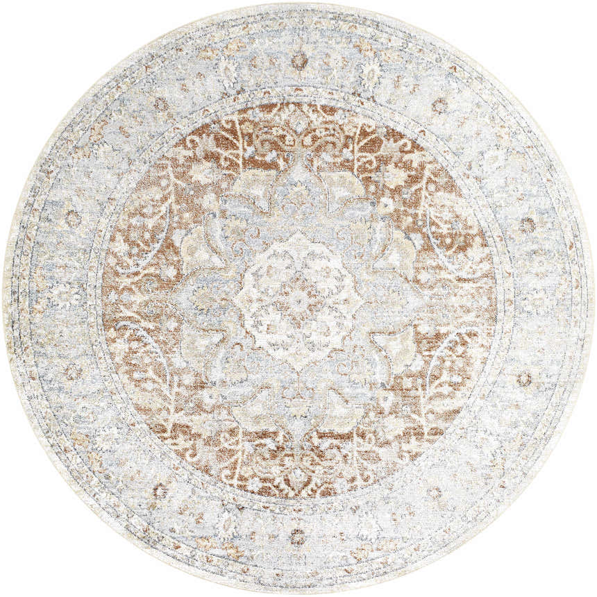 Close-up of a round Emke Flat Pile Washable Rug. Bone, beige, gray, and brown traditional floral pattern. Design-Round-67
