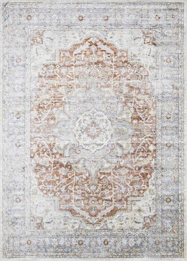 Detailed close-up of the Emke Flat Pile Washable Rug, showcasing its traditional bone, beige, and gray medallion pattern. Design-Rectangle