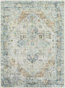 Close-up of Ezri Washable Area Rug. Beige, light blue, and orange traditional farmhouse pattern. Machine woven texture. Design-Rectangle-537